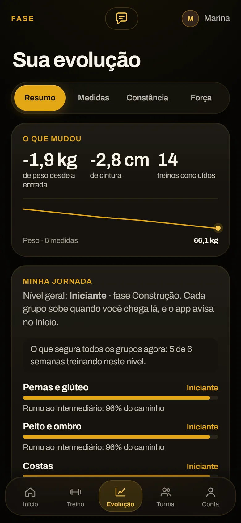 Tela Sua evolução: menos 1,9 kg, menos 2,8 cm de cintura e 14 treinos concluídos