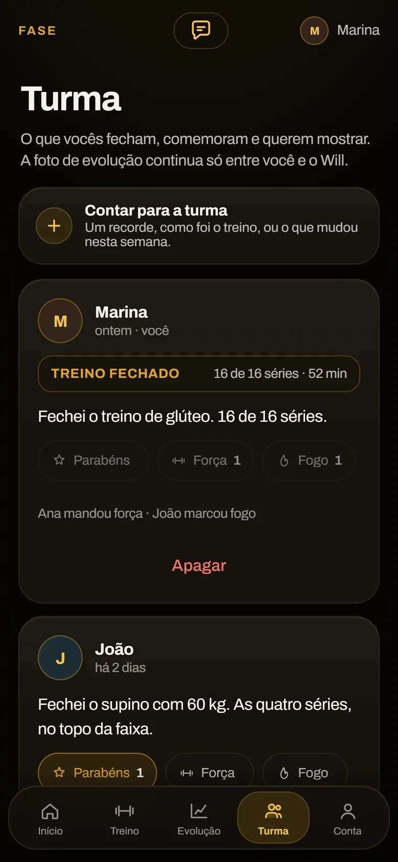 Tela Turma: alunos comemorando treinos fechados